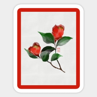 Red watercolor and sumiE ink camellia flowers Sticker